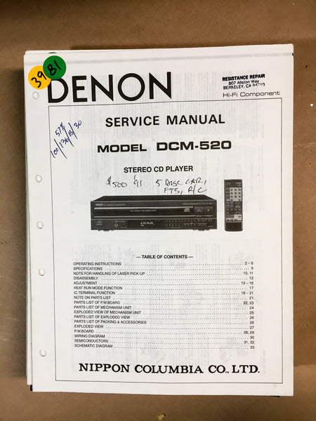 Denon DCM-520 CD Player Service Manual *Original*