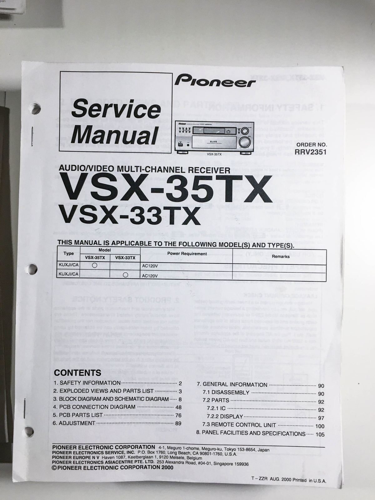 Pioneer VSX-35TX VSX-33TX Receiver Service Manual *Original*