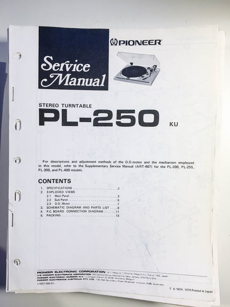 Pioneer PL-250 Turntable Service Manual *Original*