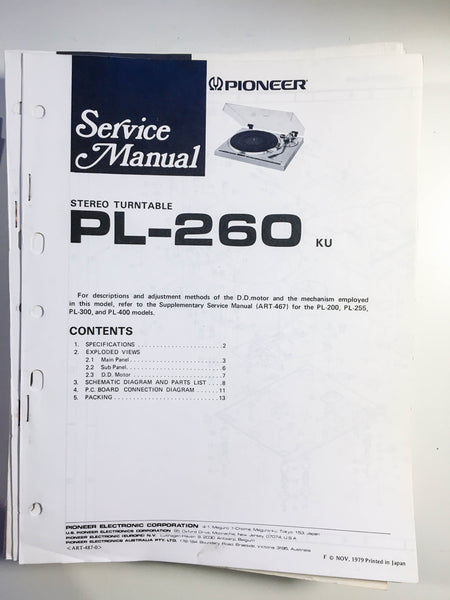 Pioneer PL-260 Turntable Service Manual *Original*