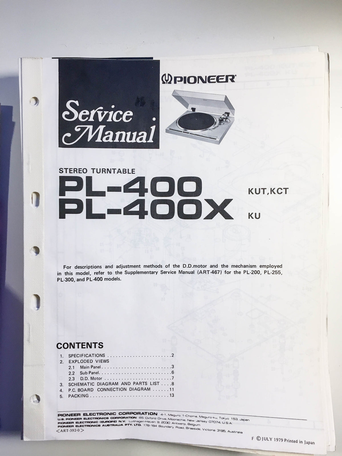 Pioneer PL-400 PL-400X Turntable Service Manual *Original*
