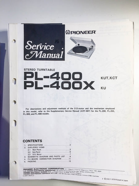 Pioneer PL-400 PL-400X Turntable Service Manual *Original*