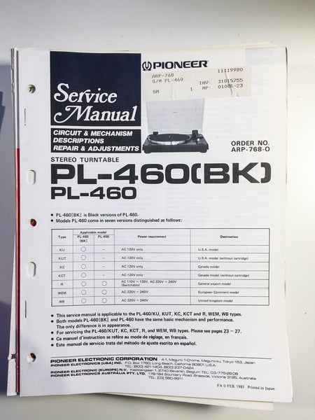 Pioneer PL-460 PL-460BK Turntable Service Manual *Original*