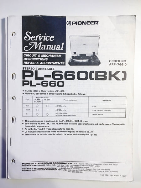 Pioneer PL-660 PL-660BK Turntable Service Manual *Original*