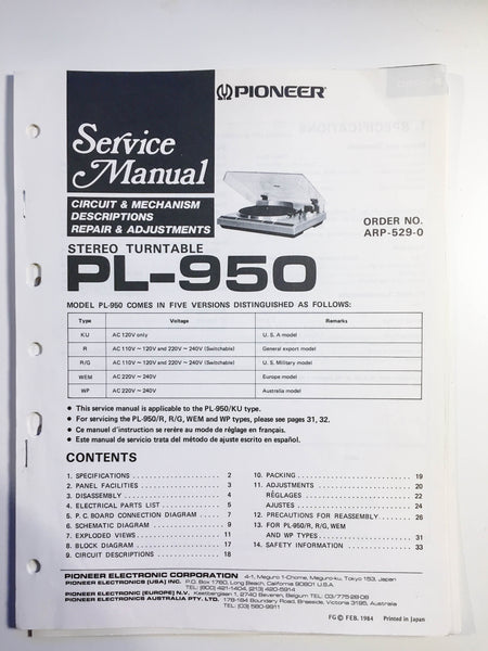 Pioneer PL-950 Turntable Service Manual *Original*