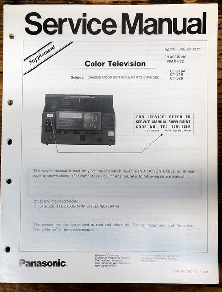 Panasonic CT-216A CT-316 CT-326 TV Supp. Service Manual *Original*