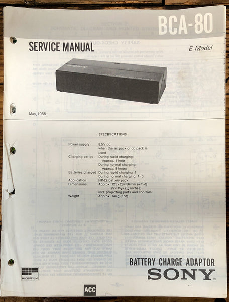 Sony BCA-80 Battery Charger  Service Manual *Original*