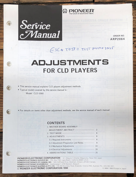 Pioneer Adjustments for CLD Players' Laserdisc ARP2064  Service Manual *Orig*