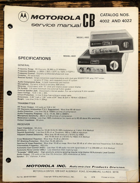 Motorola Model 4002 4022 CB  Service Manual *Original*