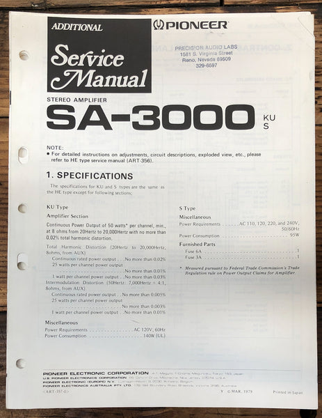 Pioneer SA-3000 Amplifier Add. Service Manual *Original*