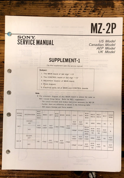 Sony MZ-2P Mini Disc Player Supp. Service Manual *Original*