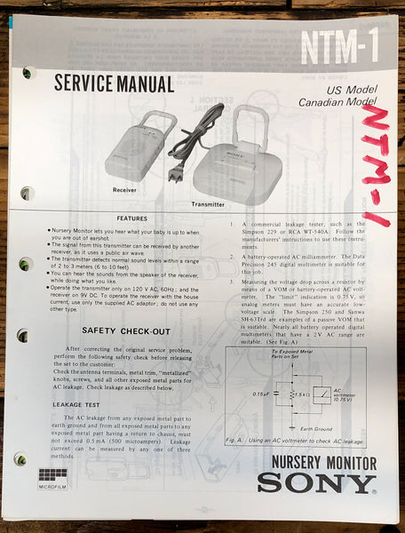 Sony NTM-1 Monitor  Service Manual *Original*