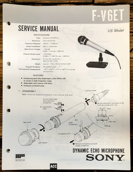 Sony F-V6ET Microphone  Service Manual *Original*