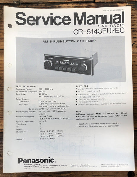 Panasonic CR-5143EU -5143EC -5143 Car Stereo  Service Manual *Original*