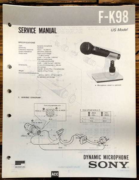 Sony F-K98 Microphone  Service Manual *Original*