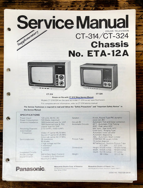 Panasonic CT-314 CT-324 TV / Television Supp. Service Manual *Original*