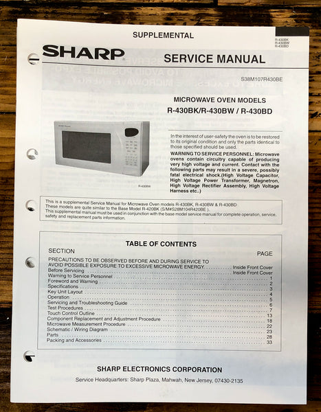 Sharp R-430BK -430BW -430BD Microwave  Service Manual *Original*