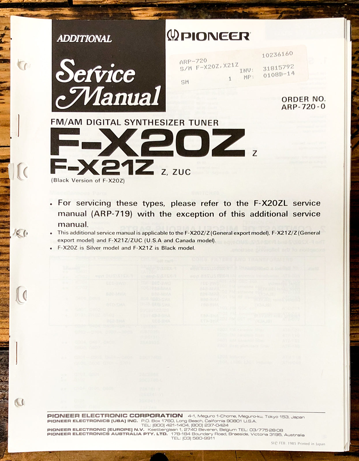 Pioneer F-X20Z F-X21Z Tuner Add. Service Manual *Original*