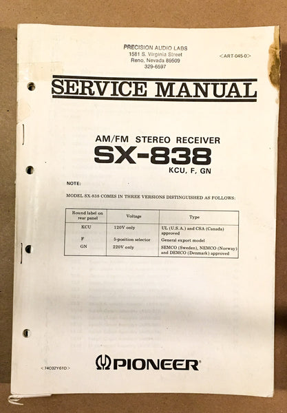 Pioneer SX-838 Receiver  Service Manual *Original* #2