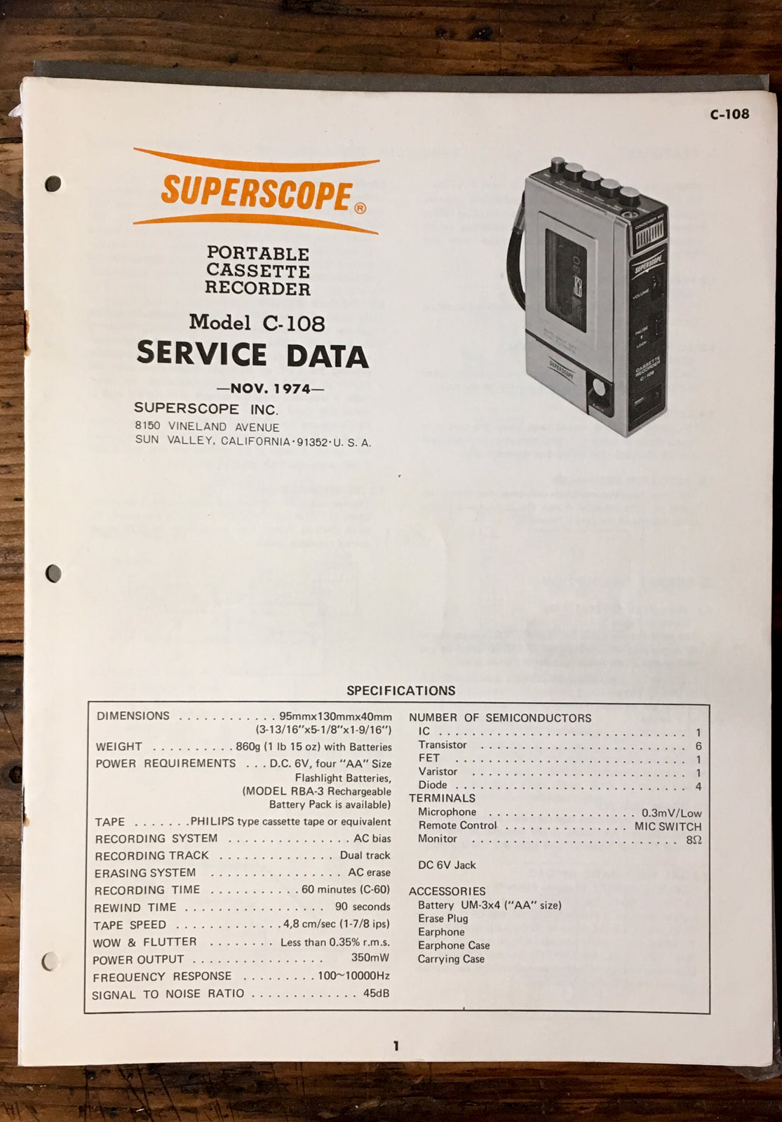 Superscope C-108 Cassette Service Manual *Original*