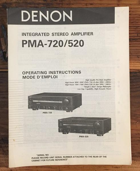 Denon PMA-520 PMA-720 Amplifier  Owners / User Manual *Original*