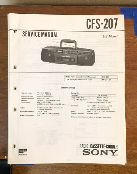 Sony CFS-207 Stereo Cassette Recorder Service Manual *Original*