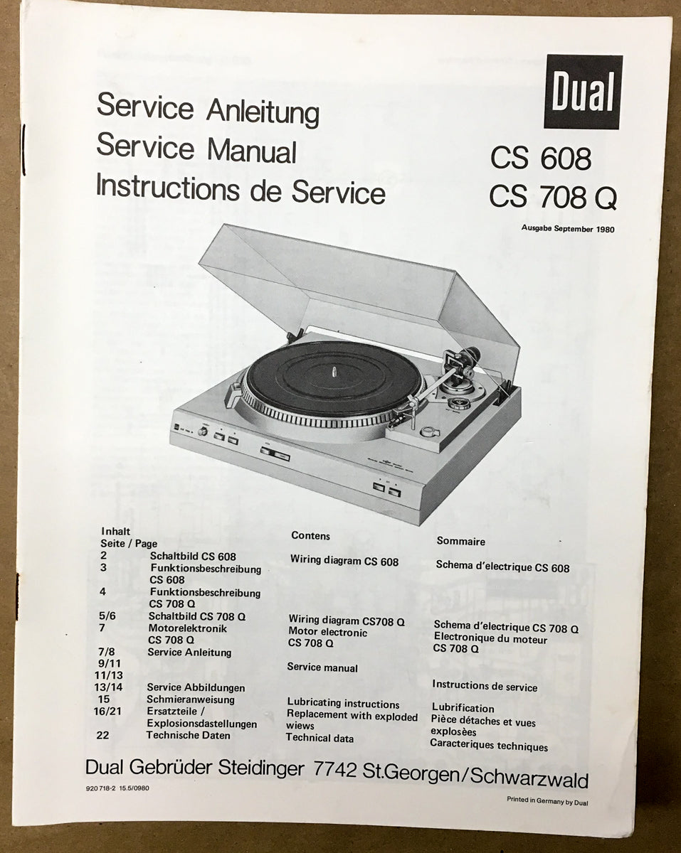 Dual Model CS 608 CS 708 Q Turntable / Record Player Service Manual *Original*