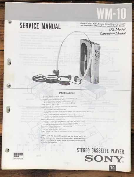 Sony WM-10 Radio Cassette  Service Manual *Original*