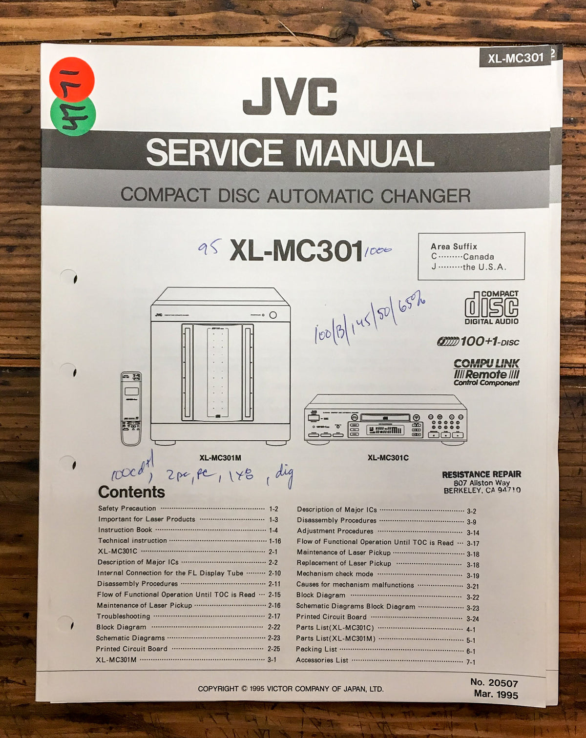 JVC XL-MC301 CD Player  Service Manual *Original*