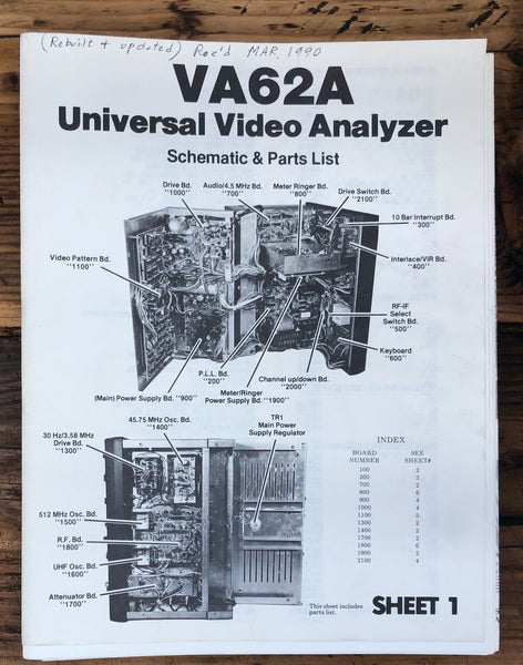 Sencore  VA62A Video Analyzer  Schematic & Parts List Manual *Original*