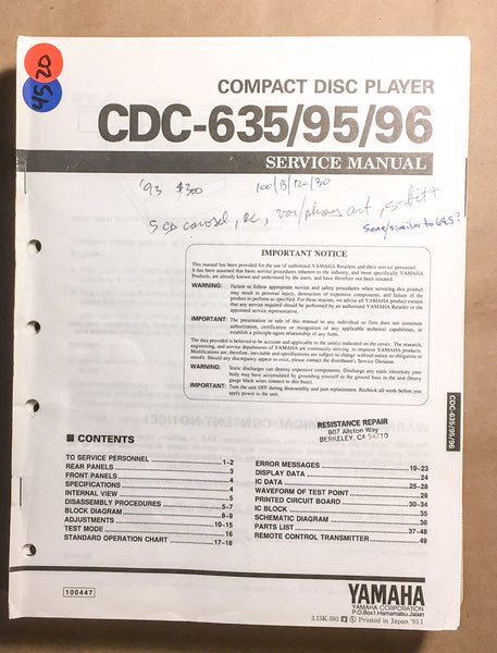 Yamaha CDC-635 CDC-95 CDC-96 CD Player  Service Manual *Original*