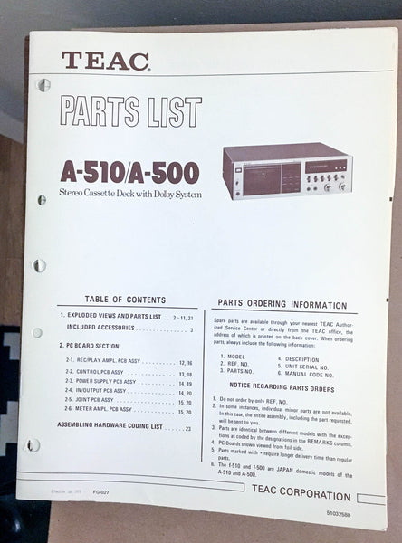 Teac A-510 A-500 Cassette Deck  Service Manual *Original* #2