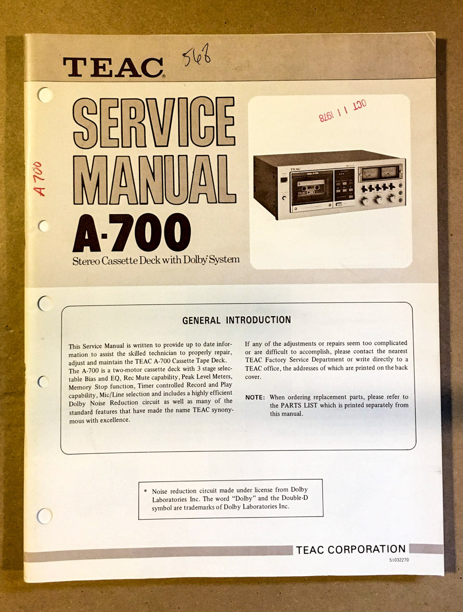 Teac A700 Cassette Service Manual *Original* 1 Vintage Audio Store