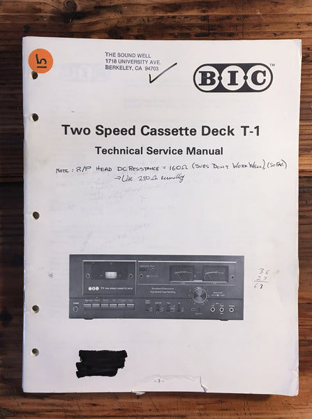 BIC / B.I.C T-1 Cassette  Service Manual *Original*