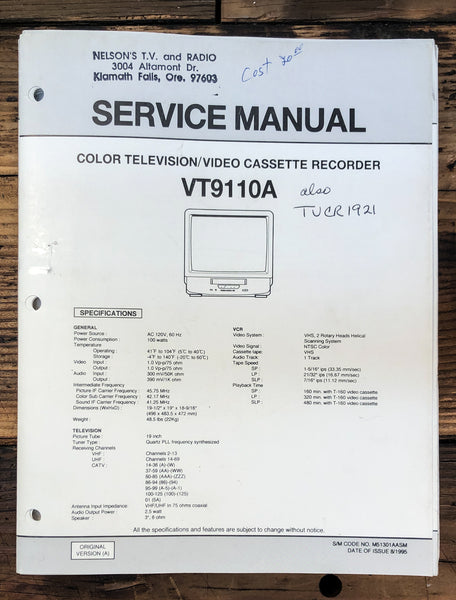 Orion VT9110A TV VCR  Service Manual *Original*