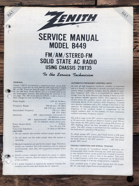 Zenith Model B449 21BT35 Radio  Service Manual *Original*