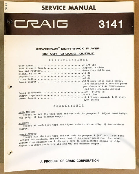 Craig Model 3141 8 Track Stereo Service Manual *Original*