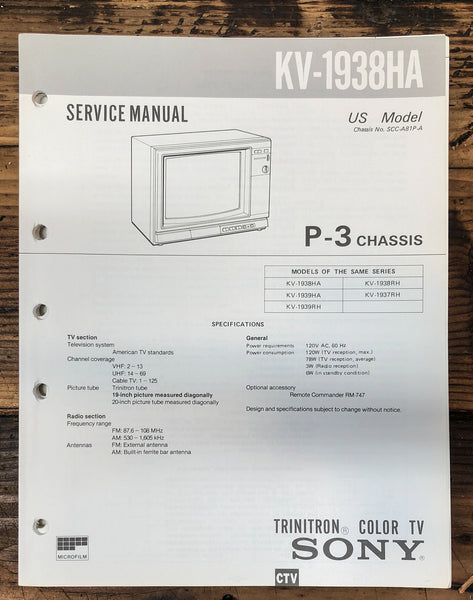 Sony KV-1938HA TV  Service Manual *Original*