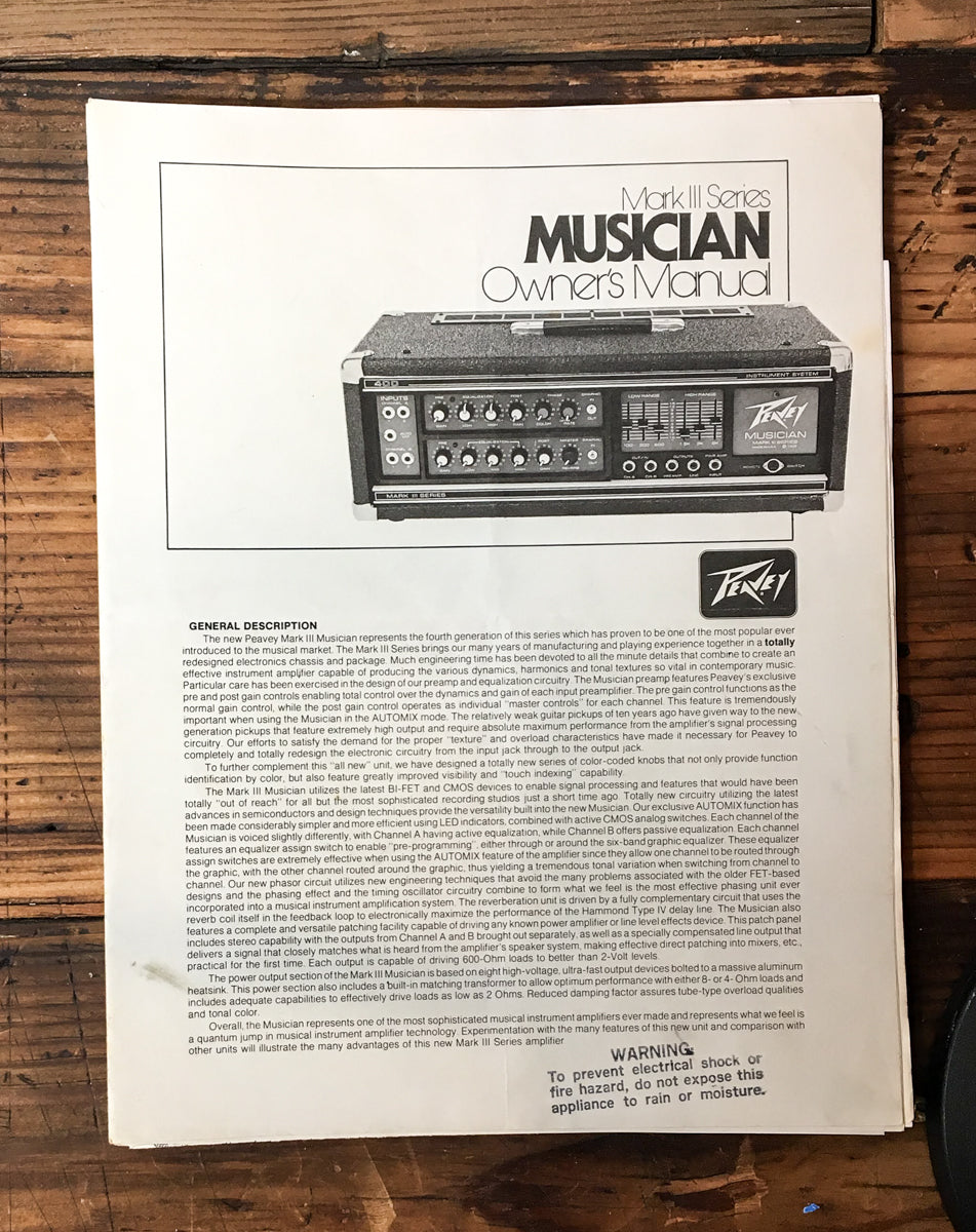 Peavey Mark III Series Musician Amplifier User / Owner Manual *Original*