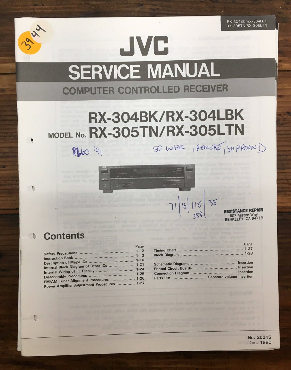 JVC RX-304 RX-305TN BK Receiver  Service Manual *Original*