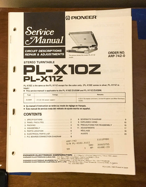 Pioneer PL-X10Z PL-X11Z Turntable / Record Player Service Manual *Original*