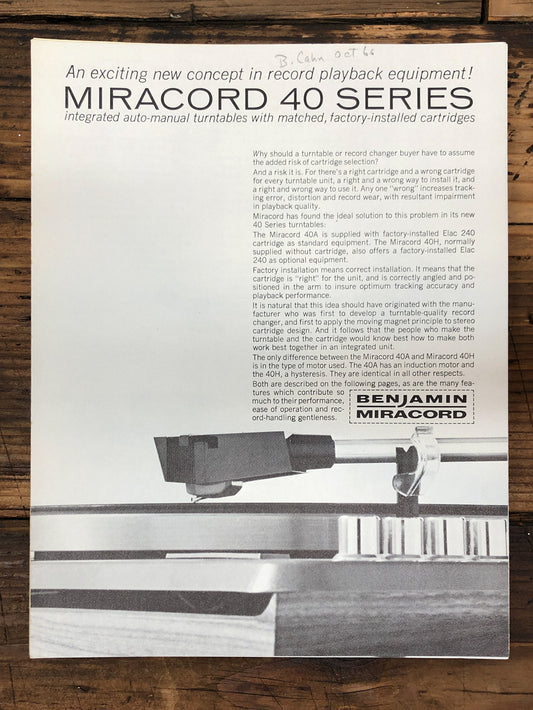 Miracord 40 Series 40A 40H Record Player / Turntable Dealer Brochure *Orig* #1