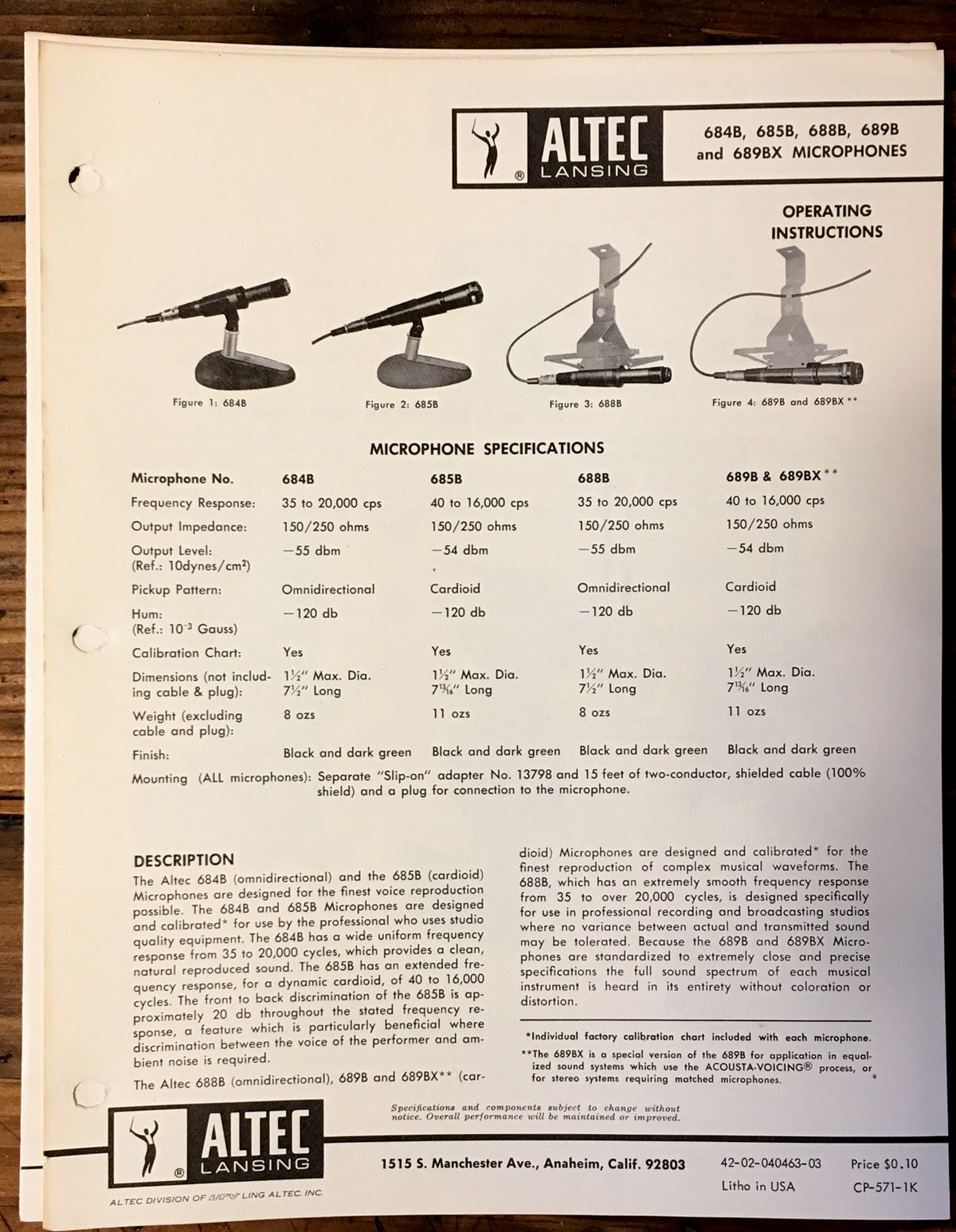 Altec 684B 685B 688B 689B 689BX Microphone Owner / Operating Manual *Original*