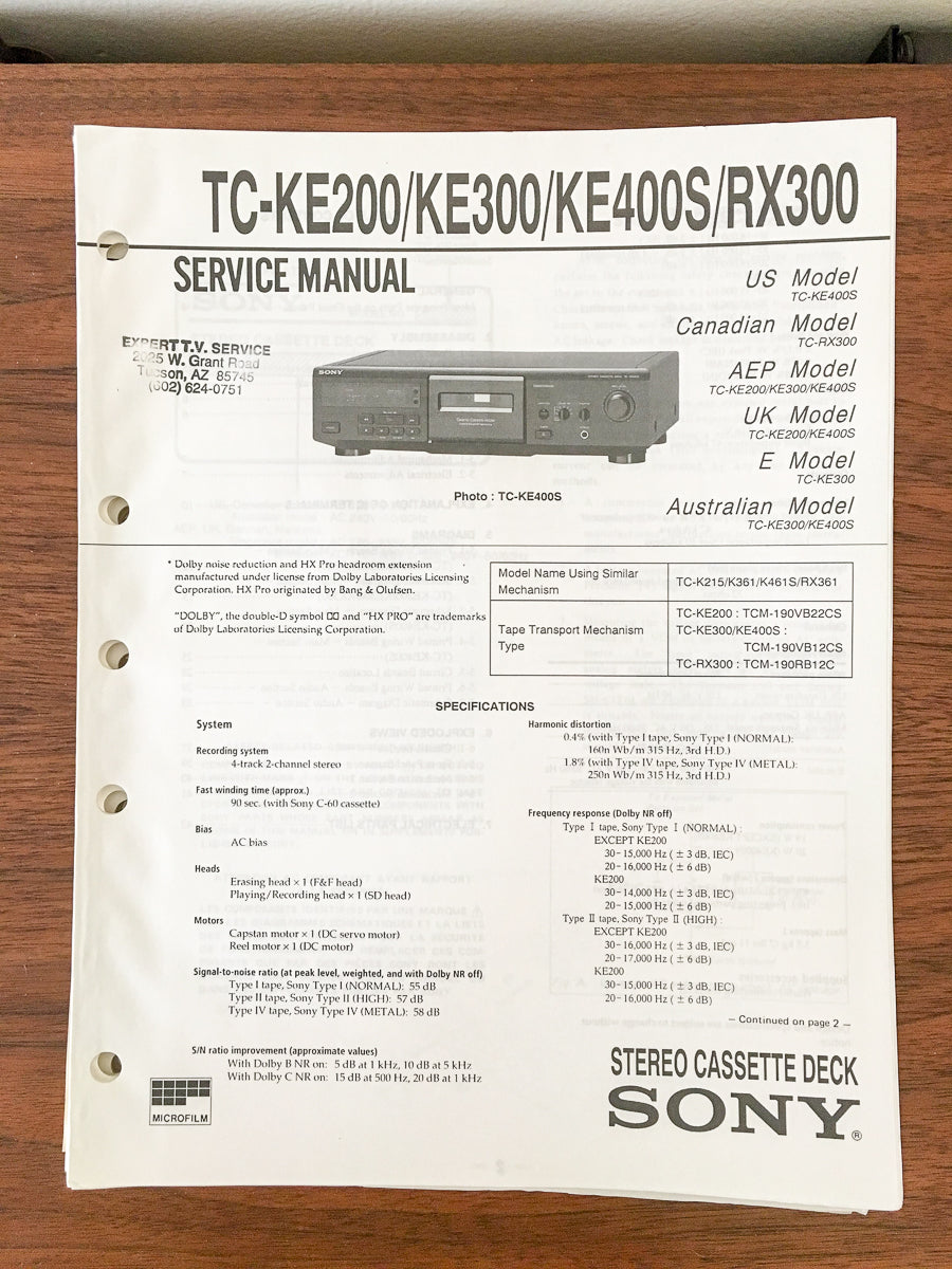Sony TC-KE200 KE300 KE400S RX300 Cassette Service Manual *Original*