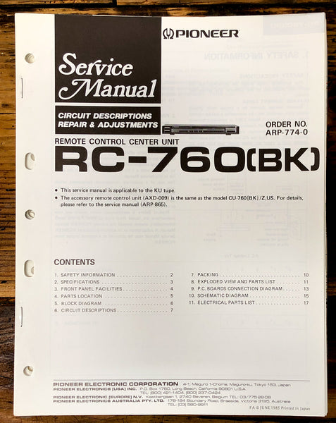 Pioneer RC-760 Remote Control Service Manual *Original* #2