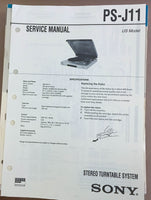 Sony PS-J11 Turntable Record Player  Service Manual *Original*