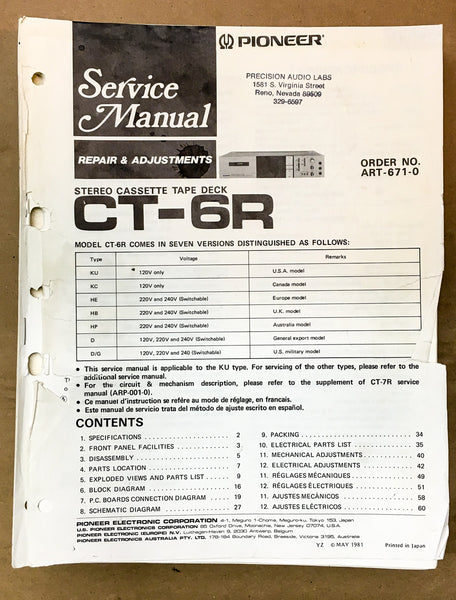 Pioneer CT-6R Record Player / Turntable Service Manual *Original*