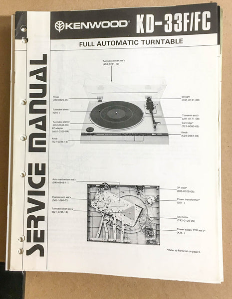 Kenwood KD-33F FC Turntable / Record Player  Service Manual *Original*