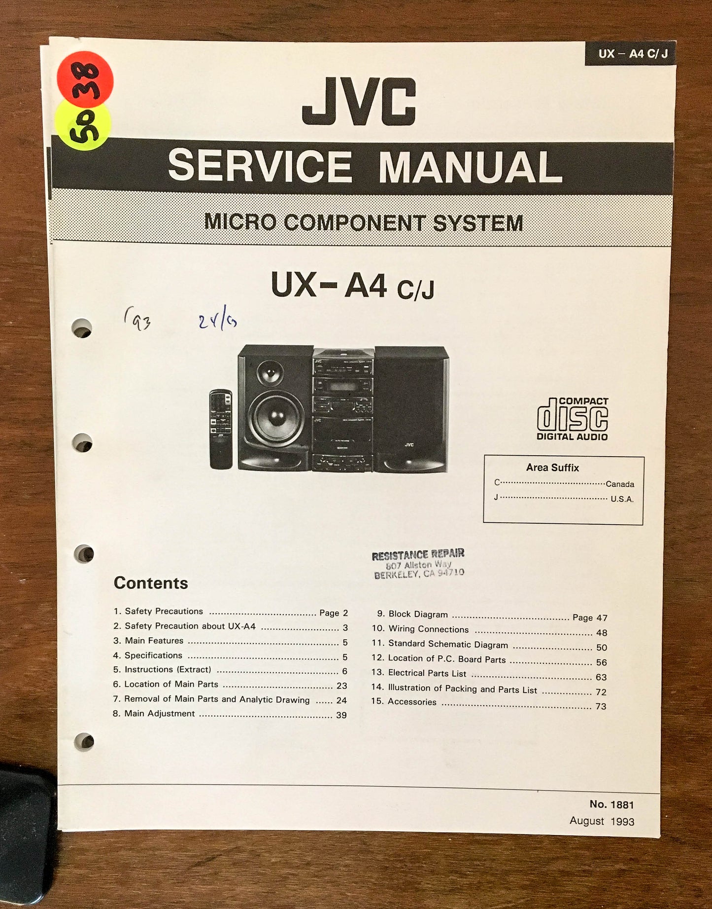 JVC UX-A4 Stereo System Service Manual Notice *Original*