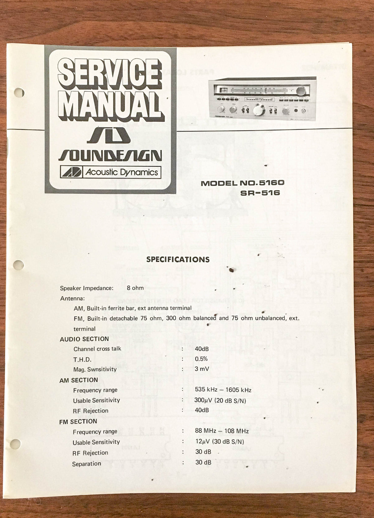 SoundDesign Sound Design Model 5160 / SR-516 Receiver Service Manual *Original*